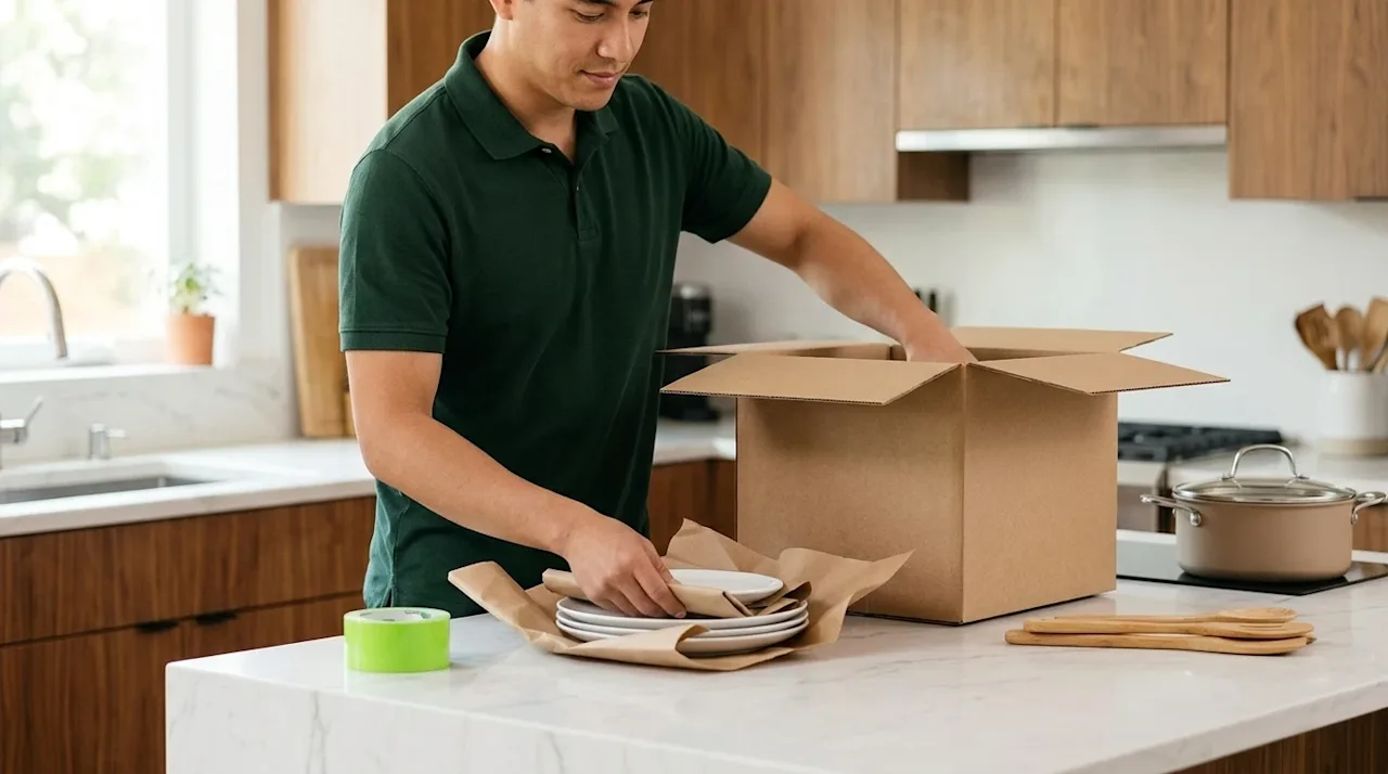 Professional marketing lifestyle photography of a clean, modern kitchen being carefully packed for a move. A person wearing a