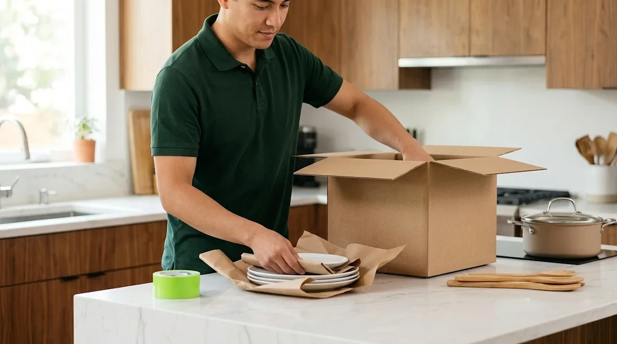 Professional marketing lifestyle photography of a clean, modern kitchen being carefully packed for a move. A person wearing a