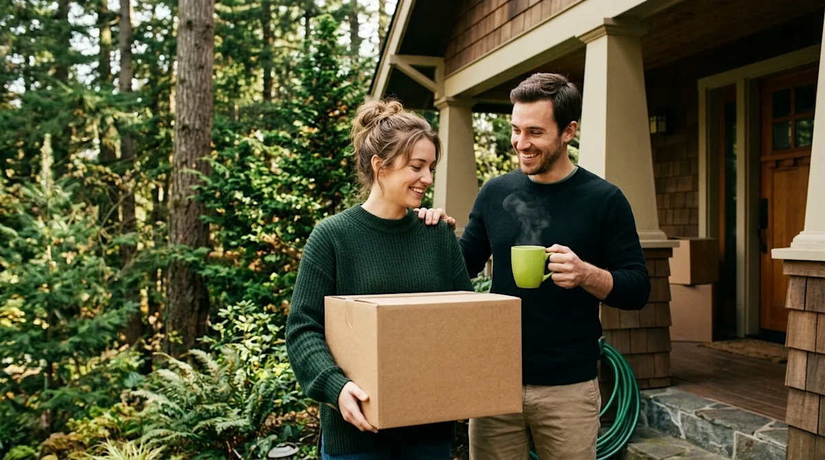 Professional marketing photography, a candid lifestyle shot of a happy young couple standing on the front porch of a classic