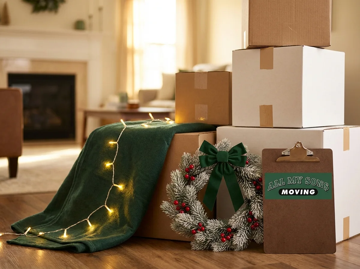 Stacked moving boxes decorated with a frosted holiday wreath and string lights, sitting next to an All My Sons Moving clipboard in a cozy living room.