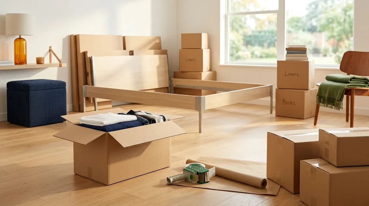 Commercial lifestyle photography of a bright, modern bedroom beautifully organized in the middle of being packed for a moving