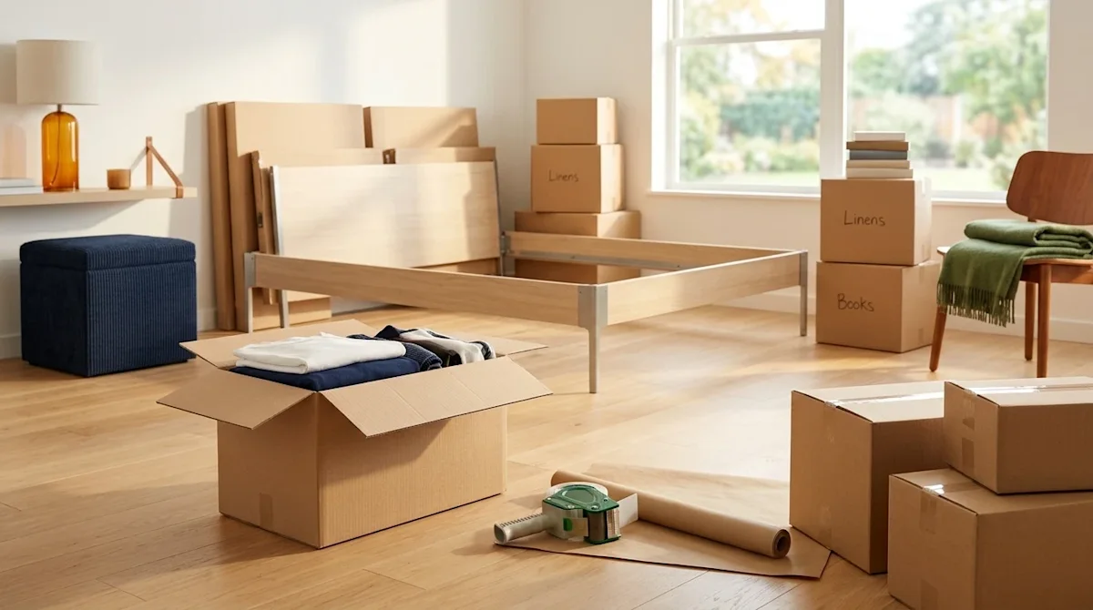 Commercial lifestyle photography of a bright, modern bedroom beautifully organized in the middle of being packed for a moving