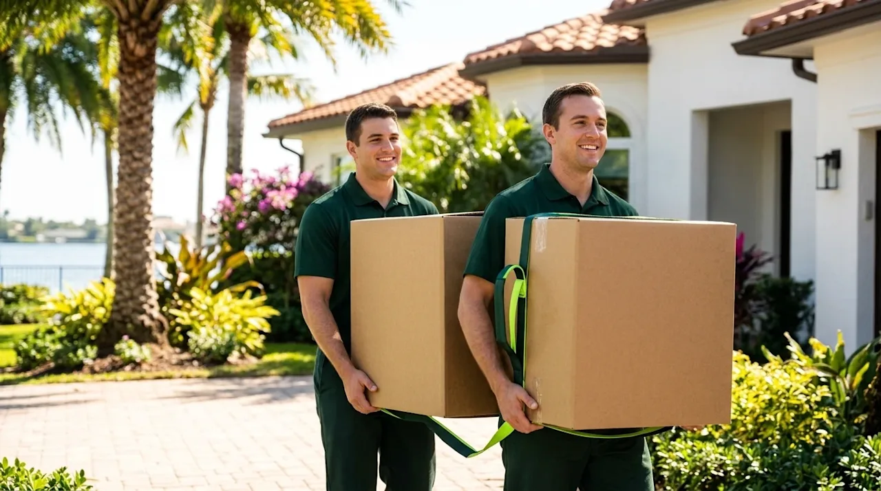Professional marketing photography of two friendly, professional movers in dark forest green uniform polo shirts carefully ca