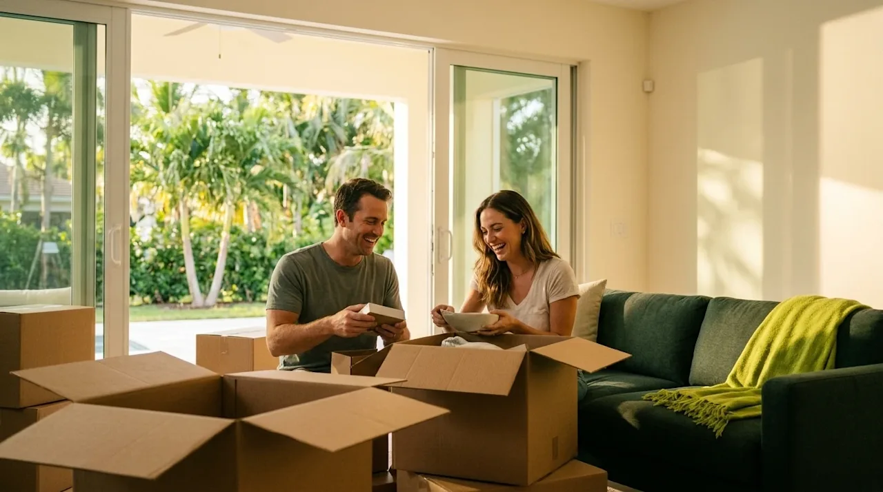 High-quality lifestyle photography of a relaxed, happy couple unpacking pristine cardboard moving boxes in a bright, airy coa