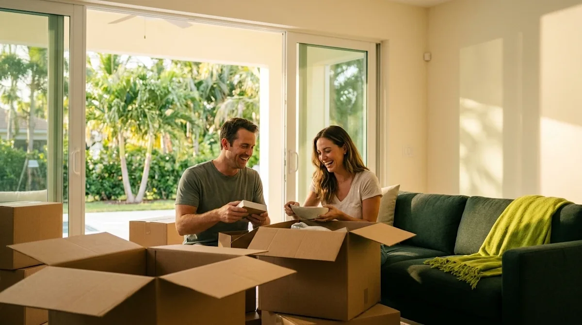 High-quality lifestyle photography of a relaxed, happy couple unpacking pristine cardboard moving boxes in a bright, airy coa