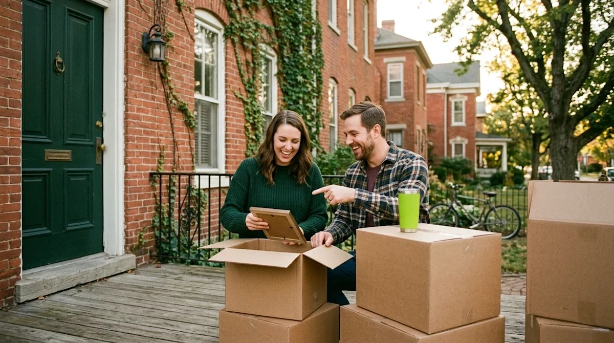 Candid lifestyle photography of a happy couple unpacking a few kraft cardboard moving boxes on the front porch of a charming