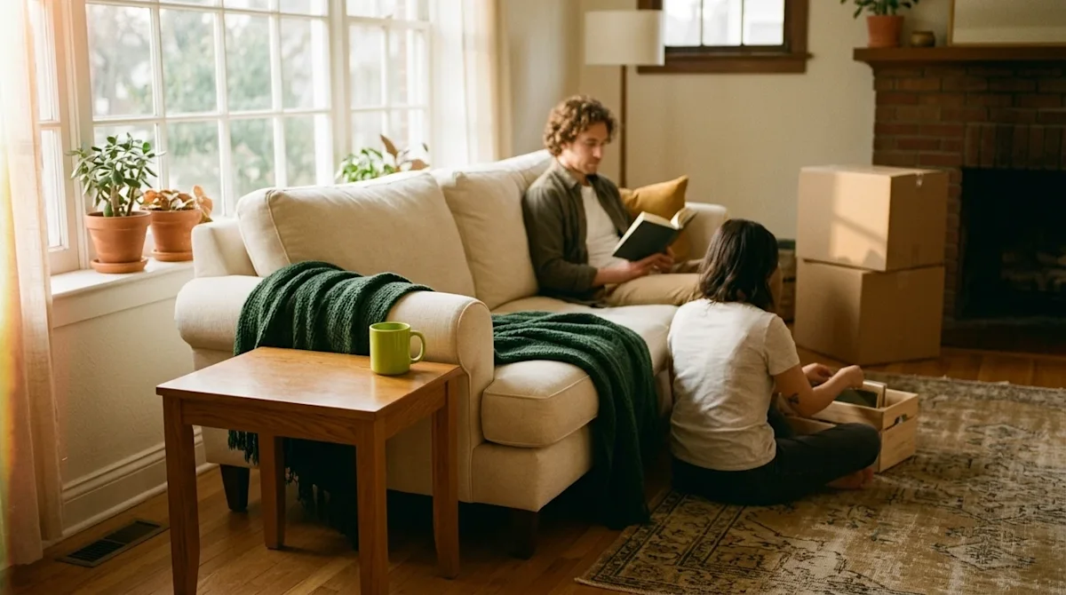 A candid, warm lifestyle photograph of a cozy and inviting living room interior, illuminated by beautiful golden hour natural