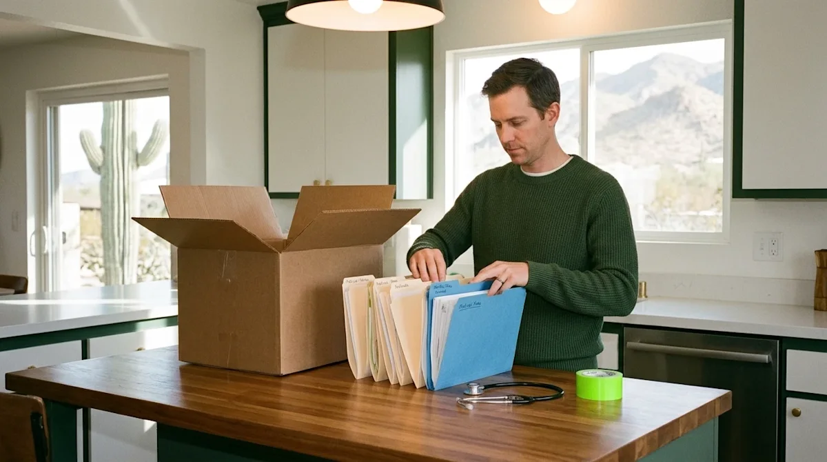 Candid, warm lifestyle photography of a person neatly organizing manila folders and blue medical files into a sturdy cardboar