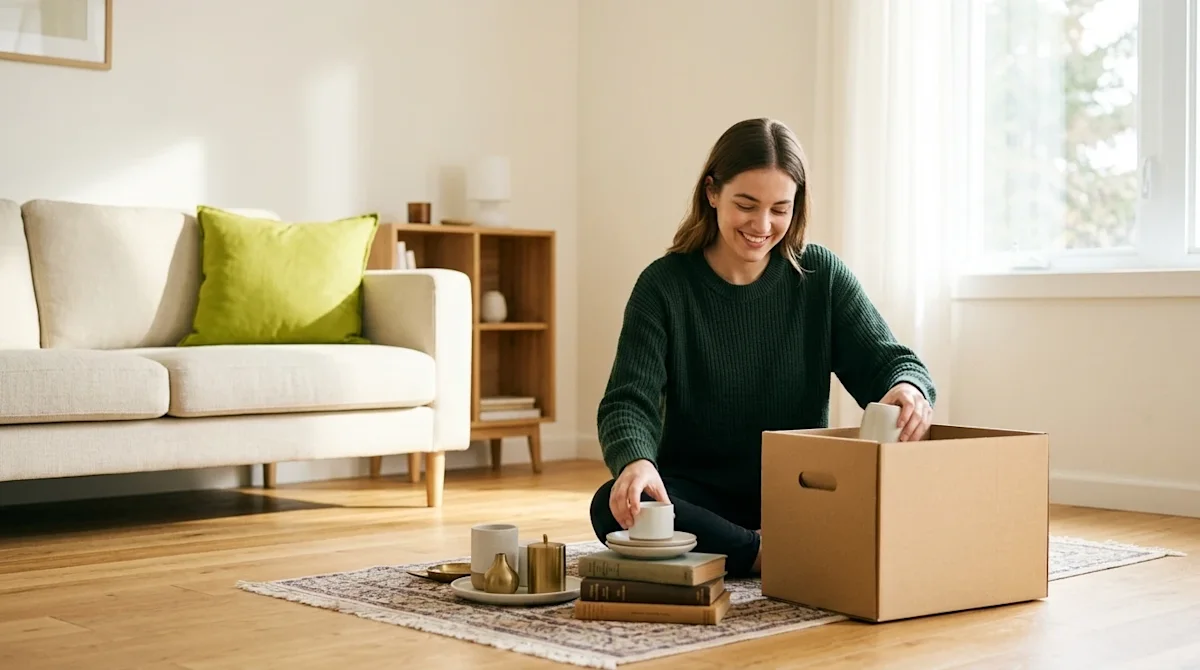 Professional marketing photography of a bright, airy home interior where a young woman is happily decluttering and organizing