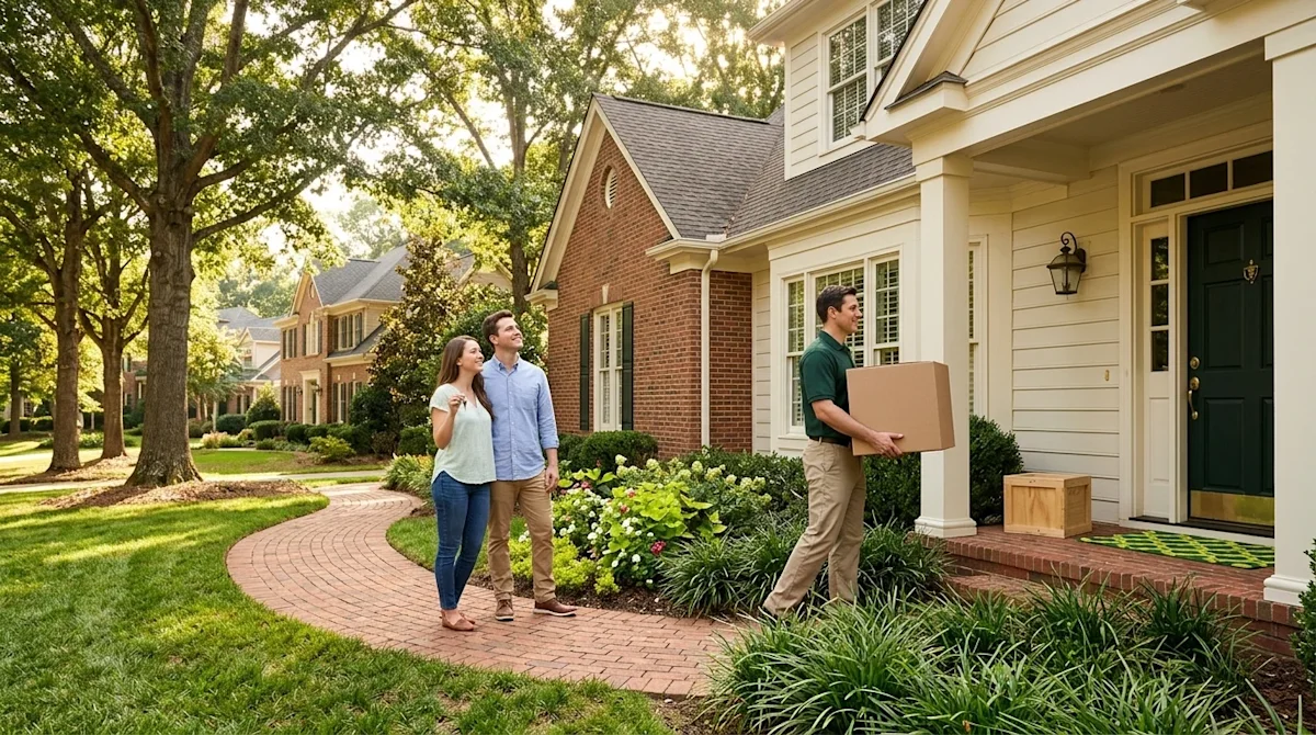 Clear and professional marketing photography of a classic, elegant suburban home in Raleigh, North Carolina, surrounded by lu