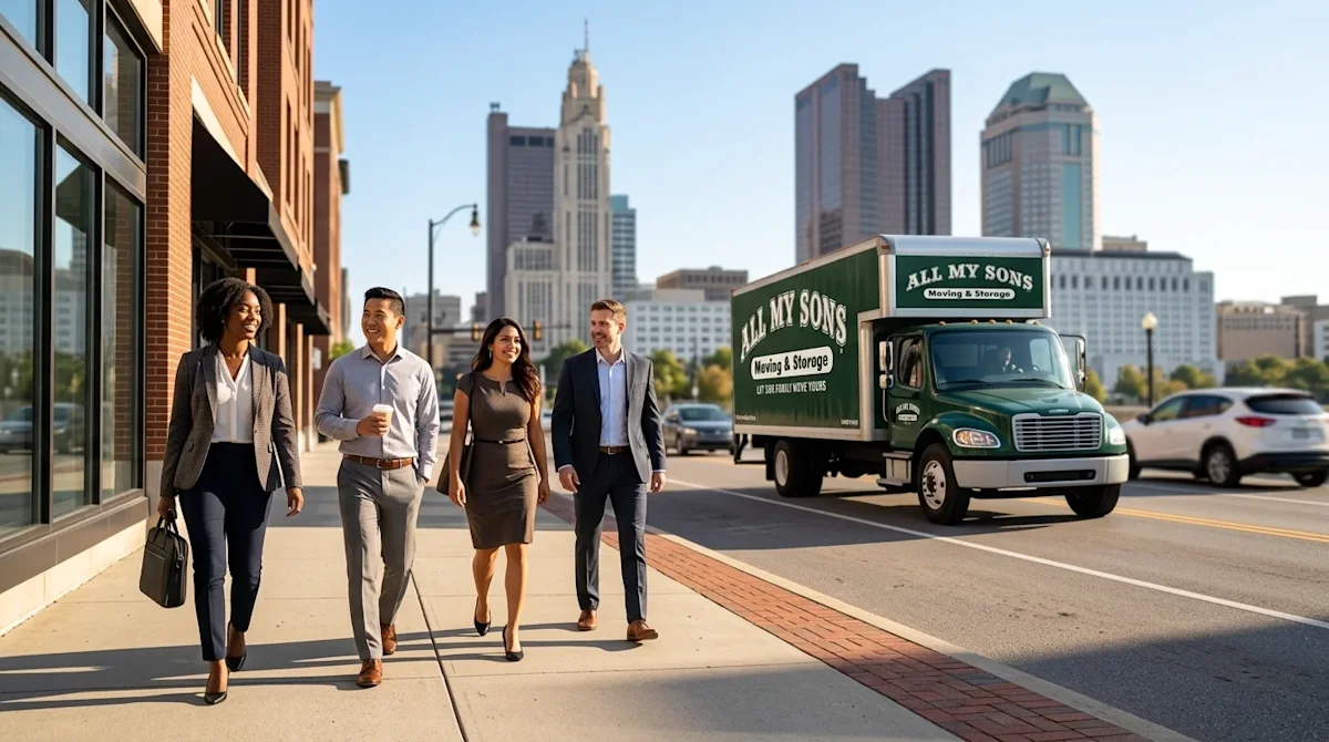 Professional, high-quality editorial photography of downtown Columbus, Ohio on a sunny, optimistic morning. A diverse group o