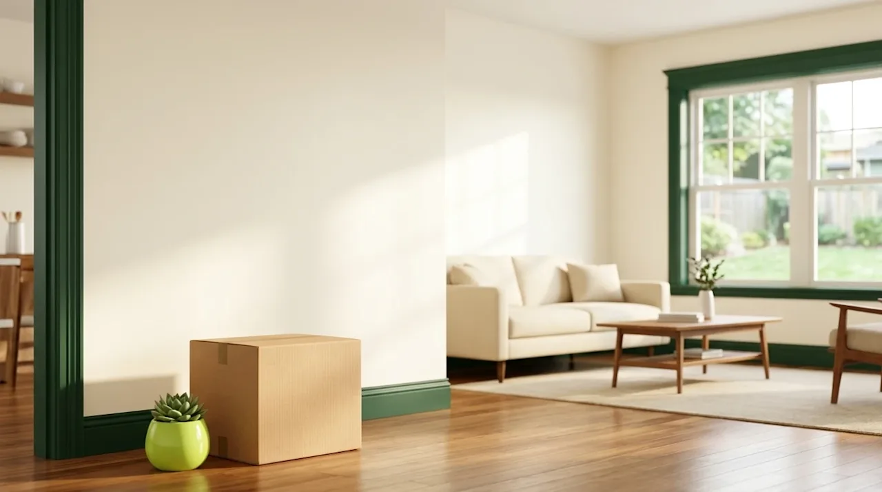 Professional marketing photography of a bright, freshly painted home interior living room. The focus is on the flawless, soft