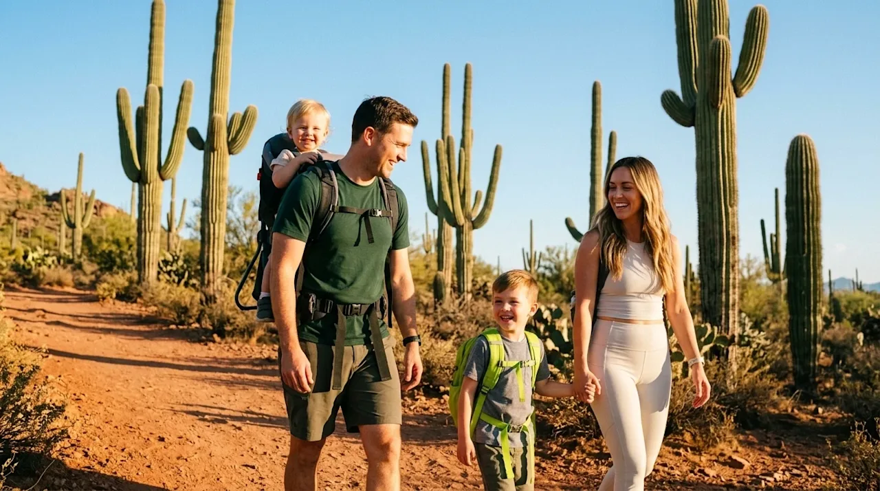 Candid lifestyle photography of a happy family of four enjoying a fun outdoor hike on a sunny day in a scenic desert park in