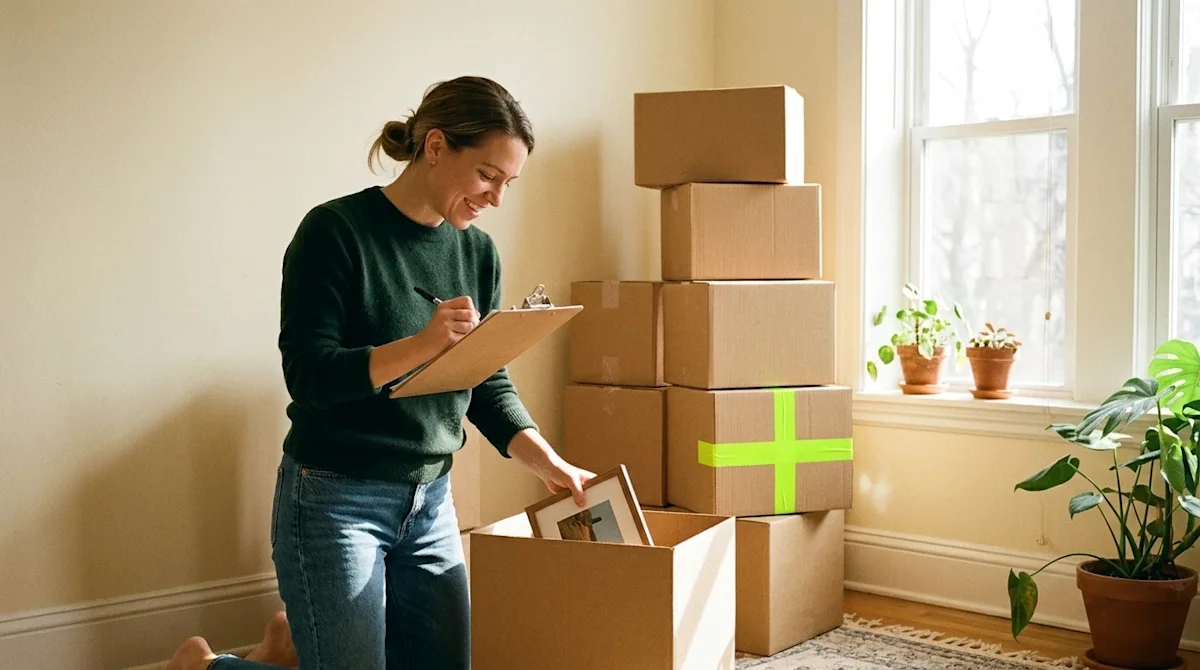 High-quality lifestyle photography capturing an organized, stress-free moving day. A casually dressed person is cheerfully pa