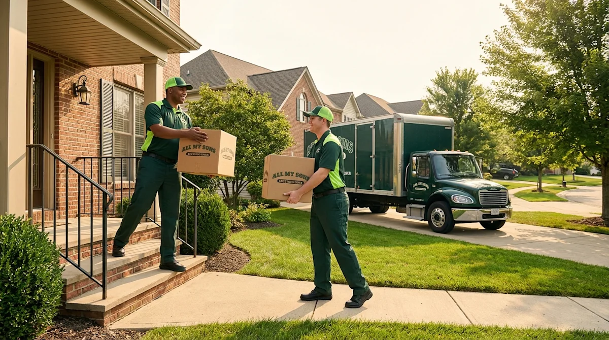 All My Sons movers carrying boxes from a suburban home with a green moving truck in the driveway.