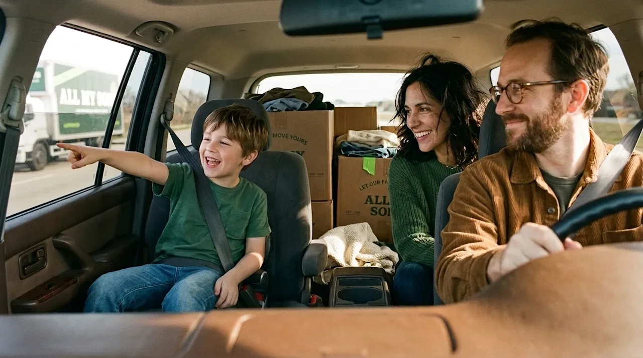 Candid lifestyle photography from inside a family car during a moving road trip. Two kids in the backseat are enthusiasticall