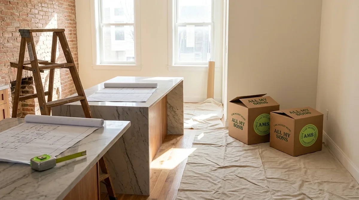 Professional marketing photography of a bright, airy home interior mid-renovation. The room features exposed hardwood floors,