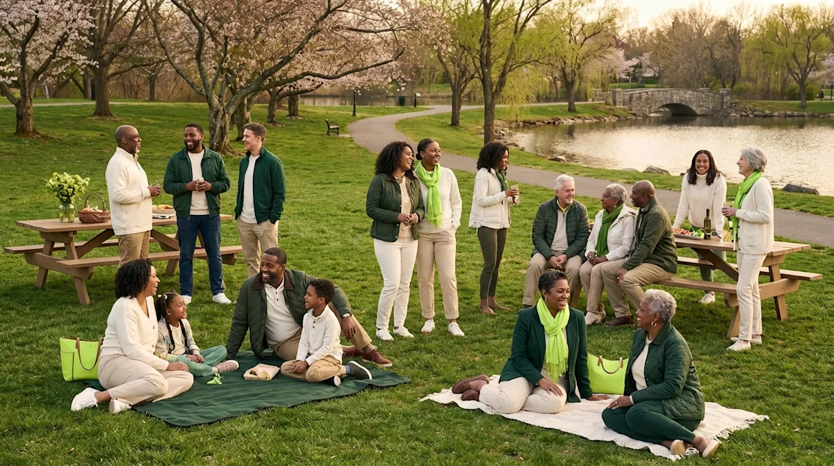 Diverse neighbors enjoying a social picnic in a scenic Cherry Hill park with cherry trees and a waterfront background.