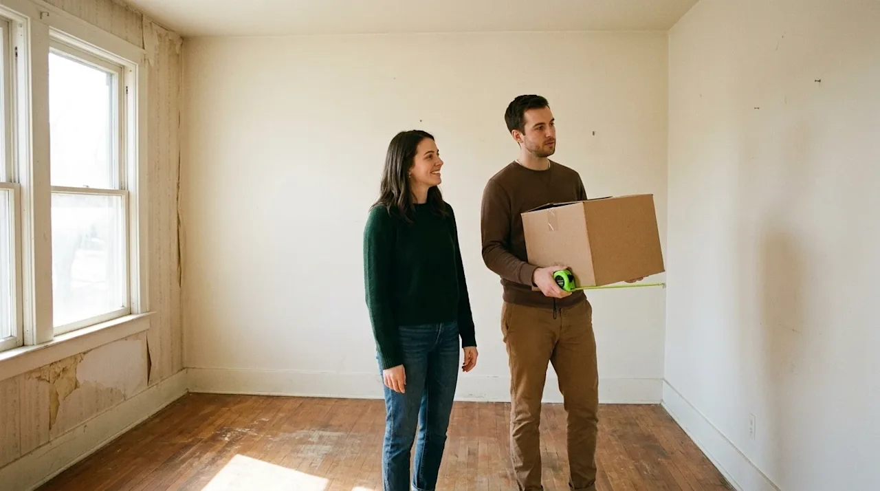 Candid lifestyle photography, 35mm film aesthetic, a young couple standing in the empty, sunlit living room of a slightly wea