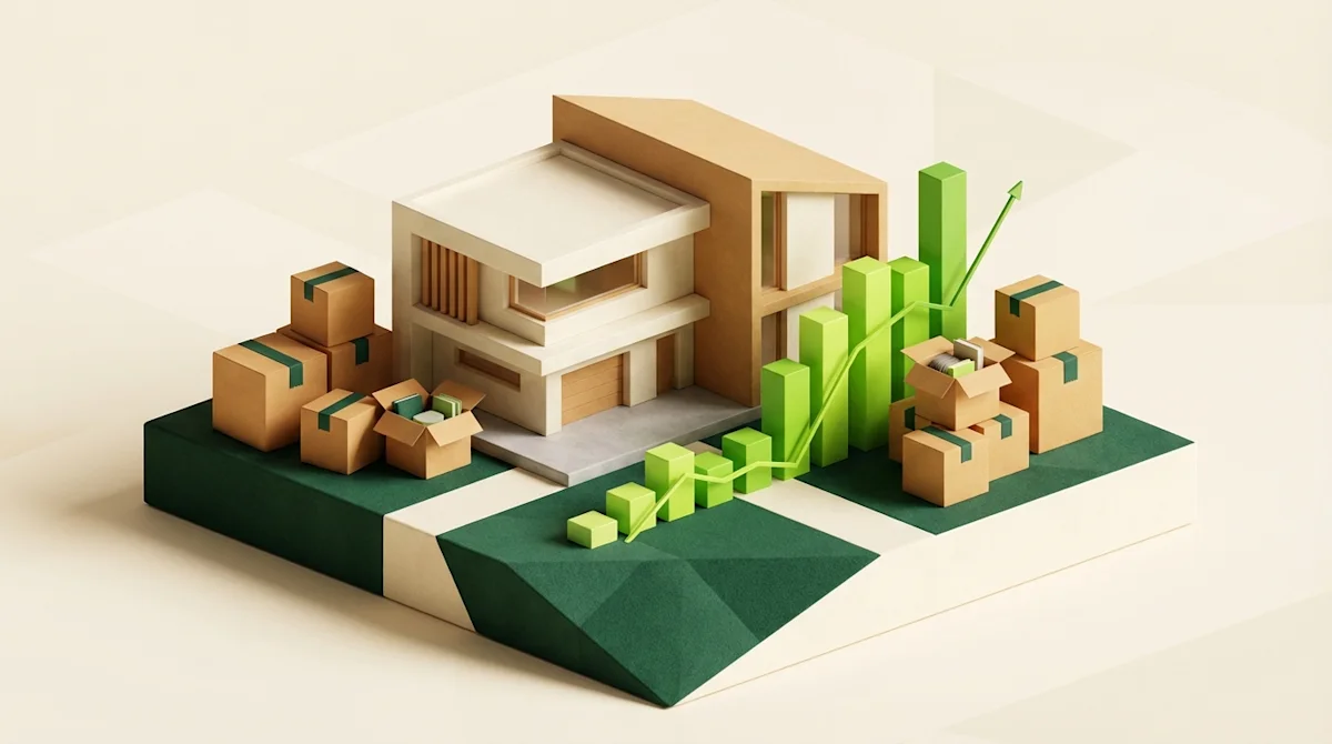 3D illustration of a modern house with moving boxes and rising green bar charts for housing market statistics.