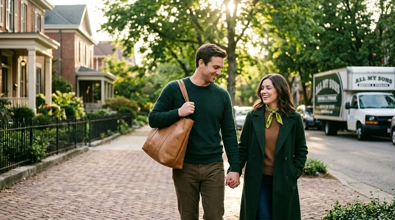 High-quality, natural lifestyle photography of a happy couple walking down a picturesque, historic tree-lined residential str