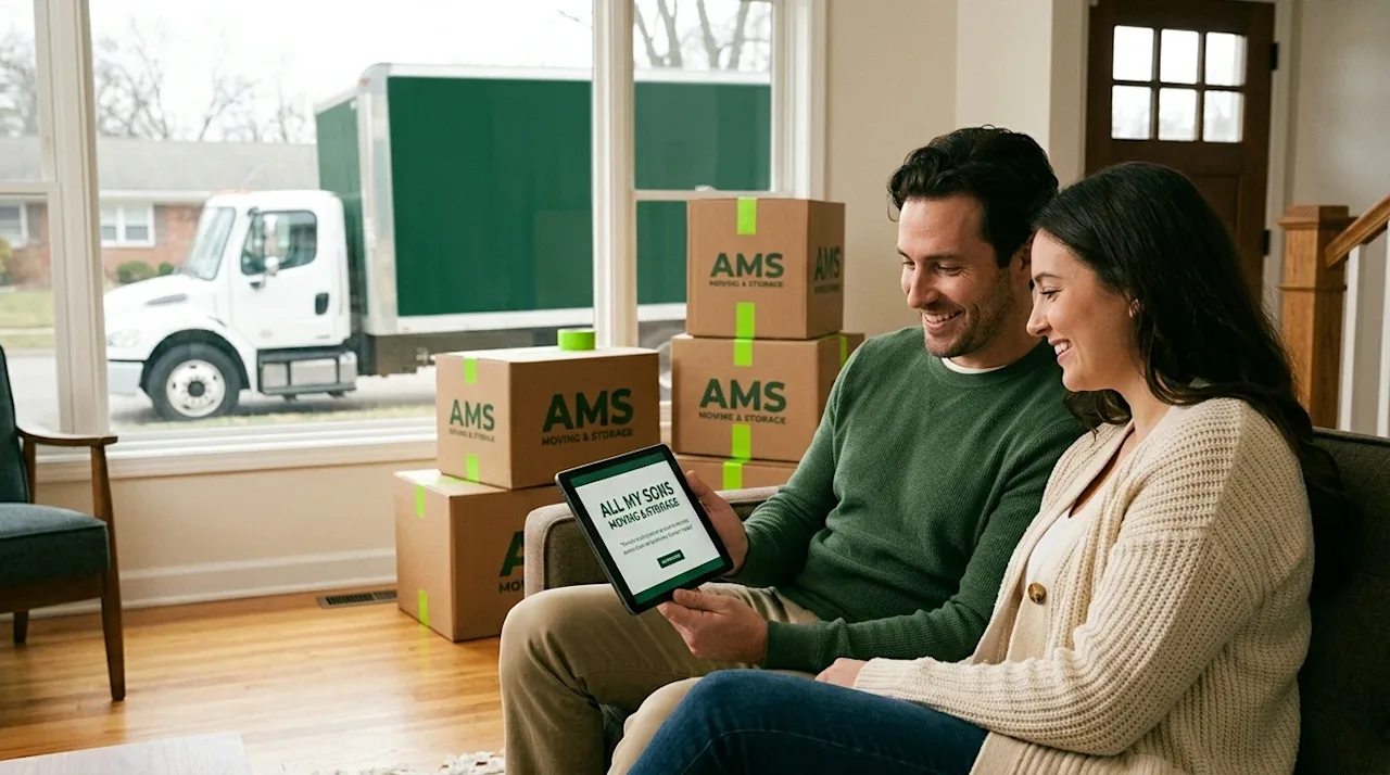 A happy couple reviewing moving plans on a tablet in a cozy home with All My Sons branded boxes and a moving truck outside.
