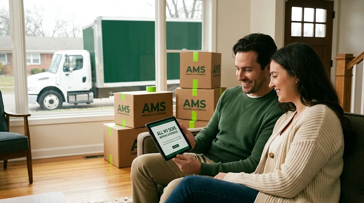 A happy couple reviewing moving plans on a tablet in a cozy home with All My Sons branded boxes and a moving truck outside.