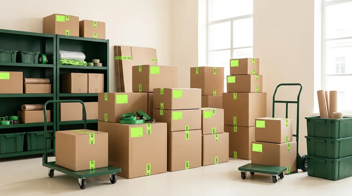 Organized moving boxes and green storage supplies on shelves and hand trucks in a bright room.