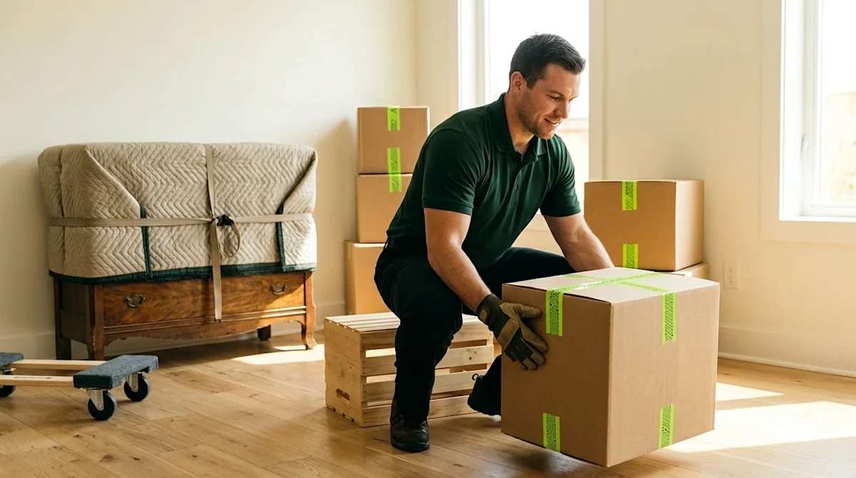 Clear, professional lifestyle marketing photography showing a candid, authentic moment of a safe moving process. A strong, pr