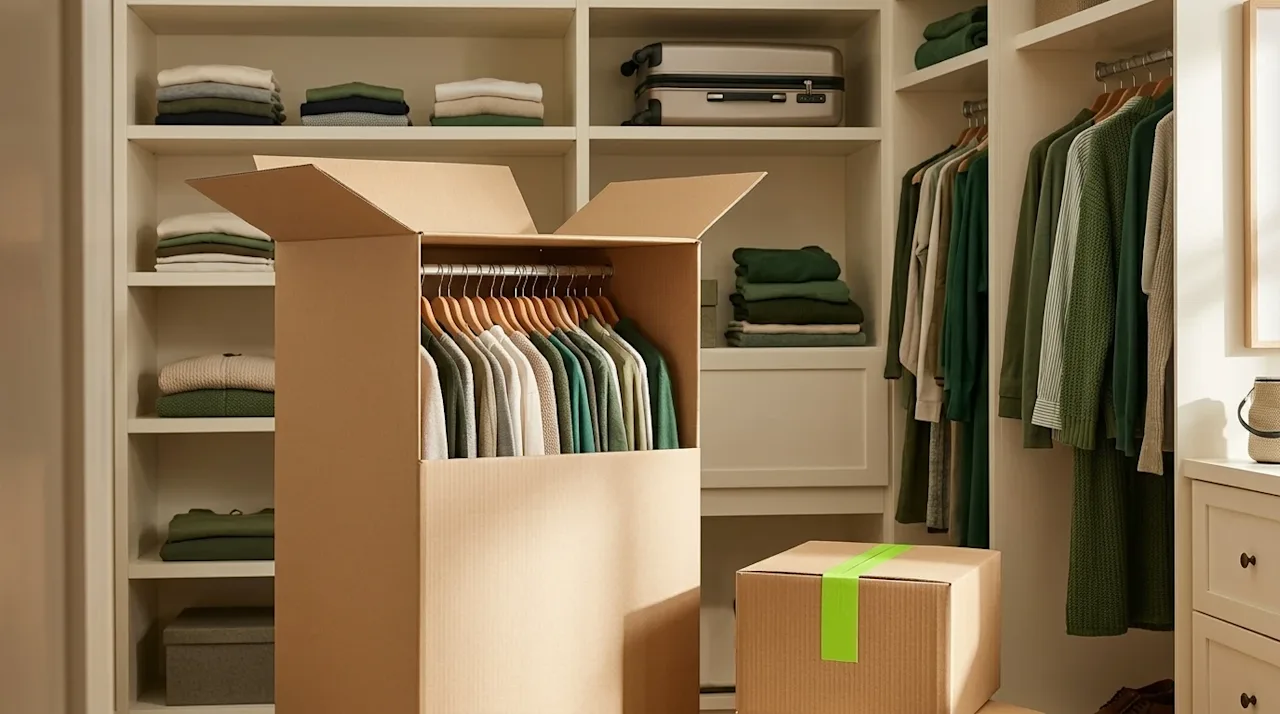 Clear, professional marketing photography of a beautifully organized, well-lit walk-in closet in the middle of a stress-free