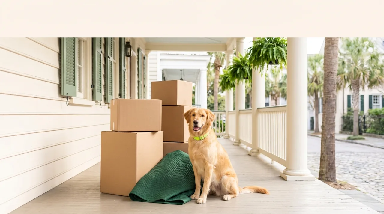 Golden retriever sitting on a sunlit Charleston porch next to moving boxes and a green moving blanket.