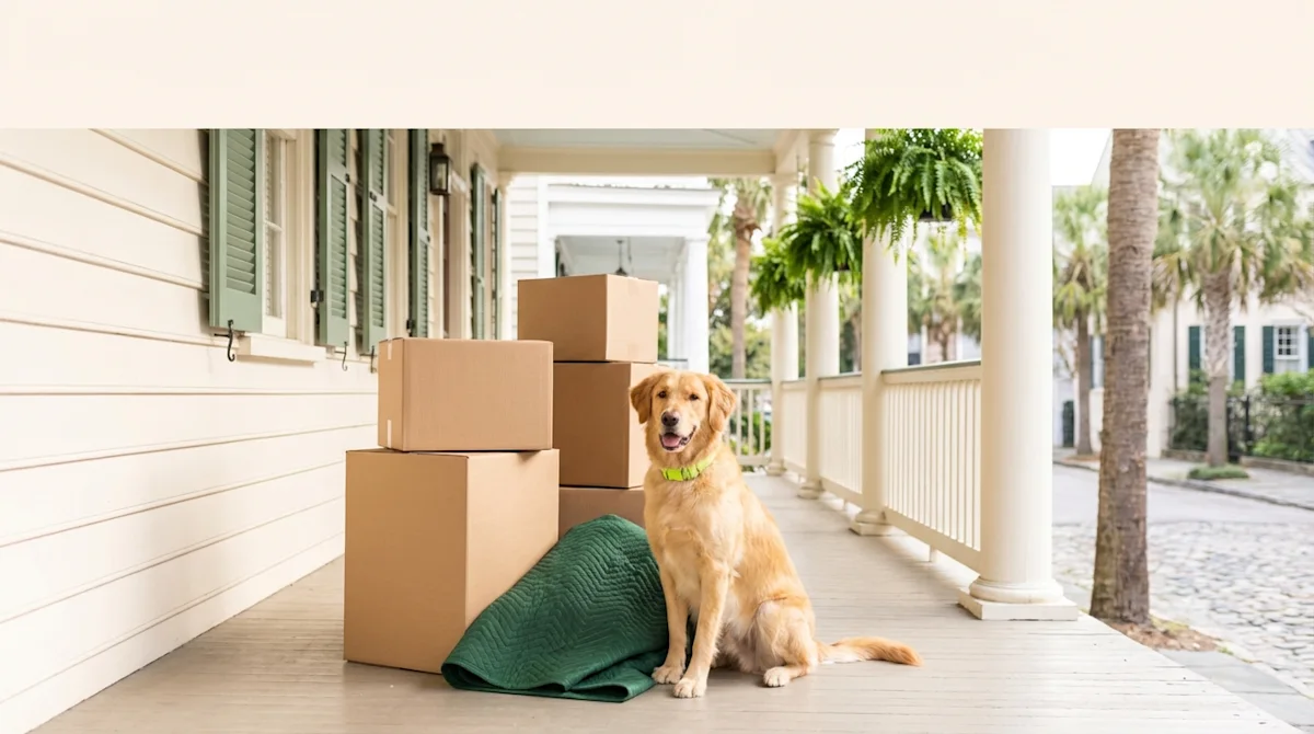 Golden retriever sitting on a sunlit Charleston porch next to moving boxes and a green moving blanket.