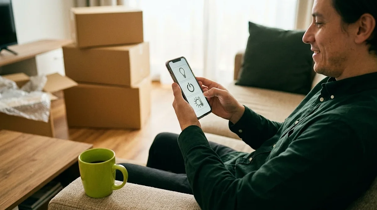 A warm, authentic lifestyle photograph of a happy homeowner relaxing on a beige sofa in their new living room, holding a smar