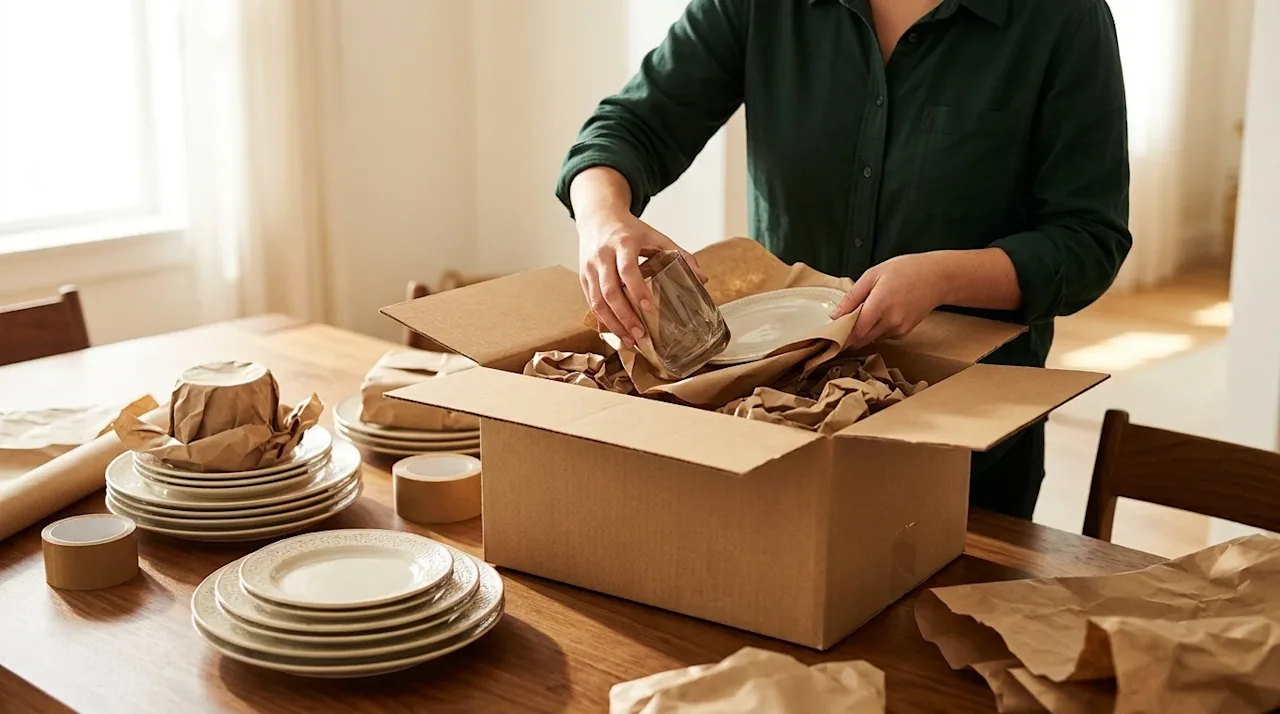 High-quality editorial photograph of a person carefully wrapping delicate ceramic dining plates and glassware in protective p