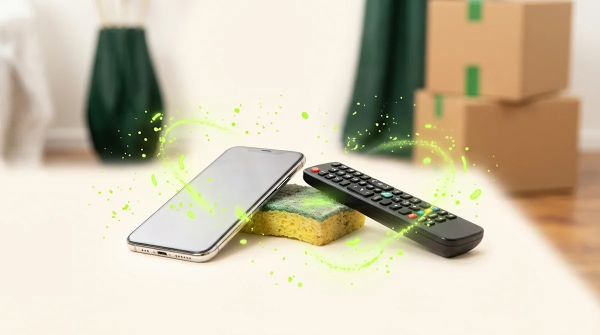 Smartphone, remote, and sponge with neon green germ particles on a cream surface with blurred moving boxes in the background.