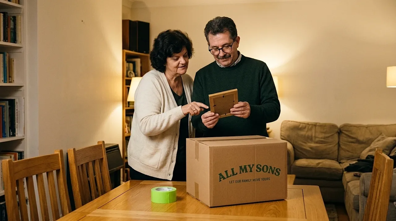 Professional lifestyle marketing photography of a middle-aged couple thoughtfully sorting through household belongings in a c