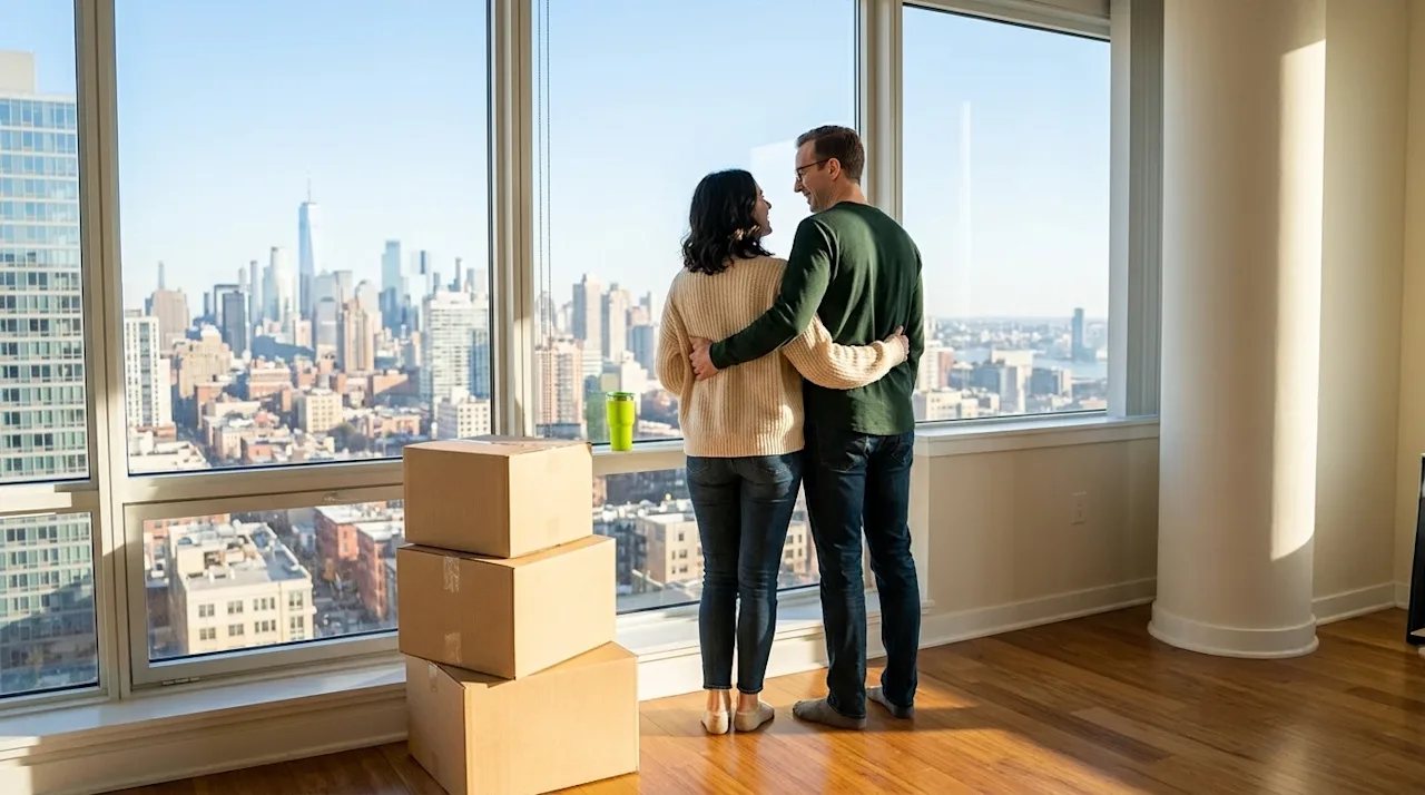 Professional marketing photography of a young couple looking out the large floor-to-ceiling window of their new high-rise apa