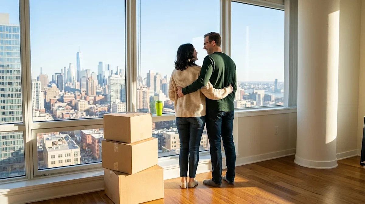 Professional marketing photography of a young couple looking out the large floor-to-ceiling window of their new high-rise apa