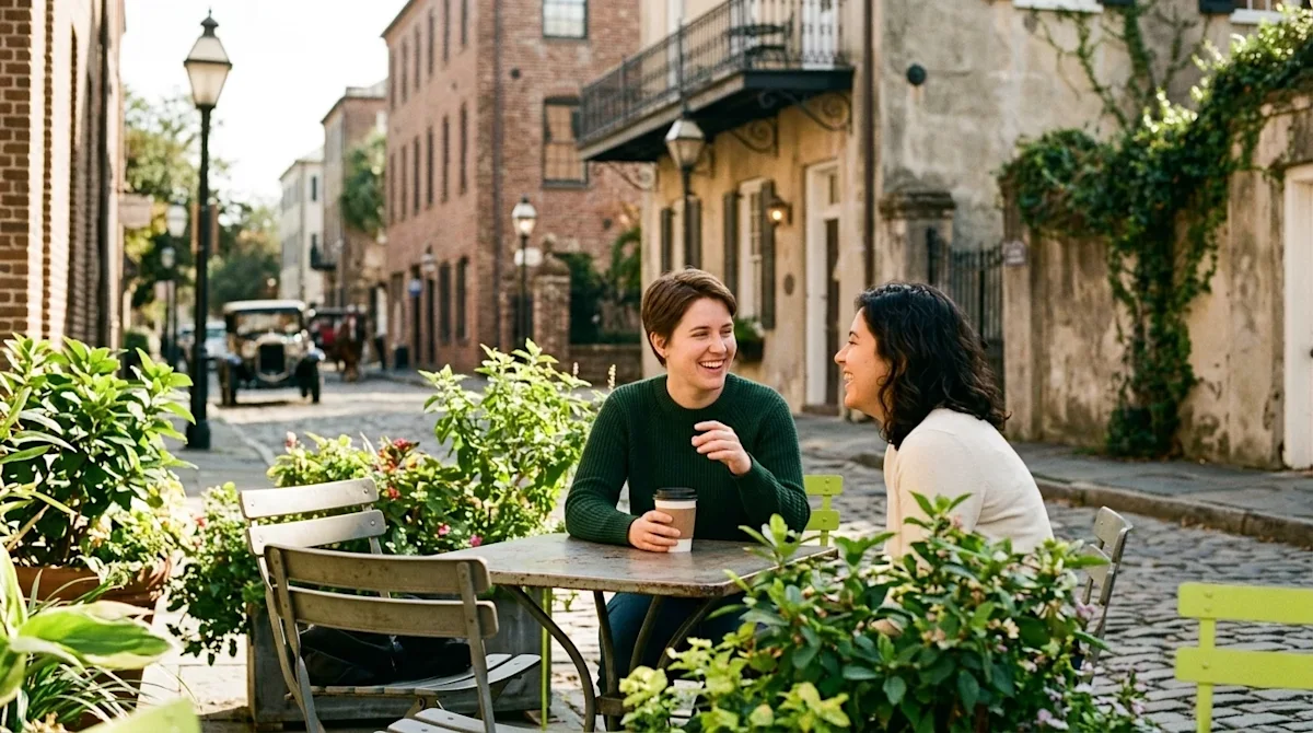 Candid 35mm film photography of two people cheerfully chatting and laughing at a sunny outdoor cafe patio on a historic Charl