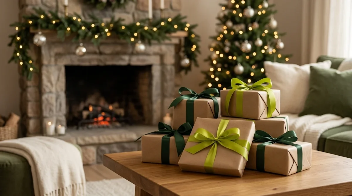 Clear and professional lifestyle marketing photography for a blog hero image representing "Christmas Gifts For Home." A warm,