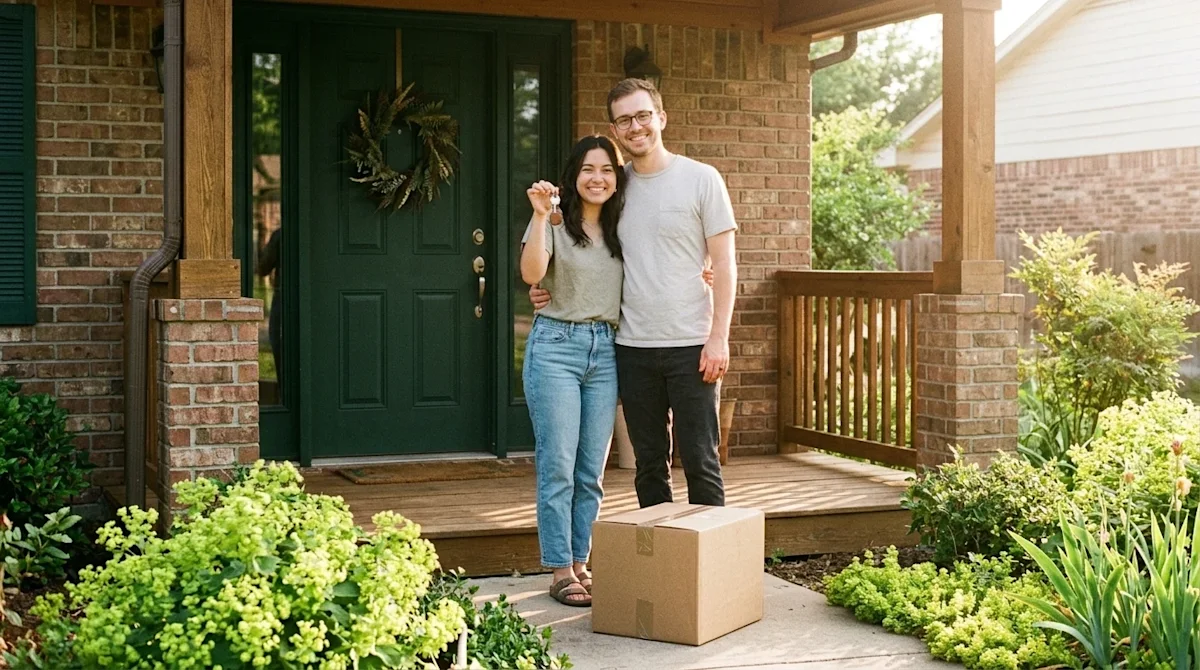 A candid, lifestyle photograph celebrating homeownership, showing a joyful young couple standing on the welcoming front porch