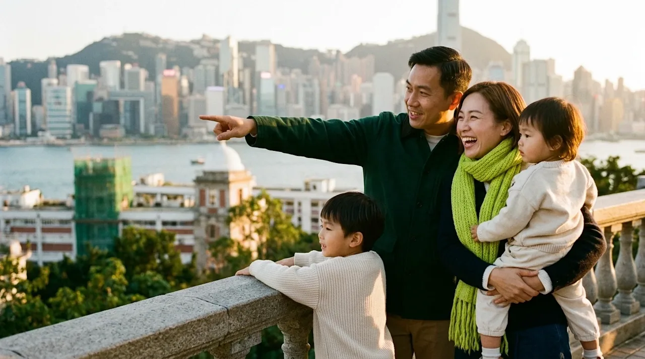 A candid, warm lifestyle photograph of a happy family exploring a beautiful, iconic city overlook with a vibrant skyline in t