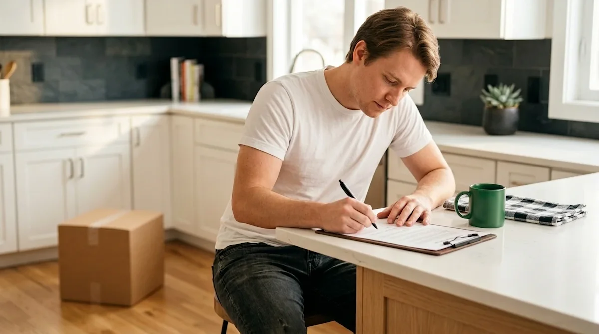 A high-quality lifestyle photograph of a person sitting at a sunlit kitchen island in a new home, actively filling out an off