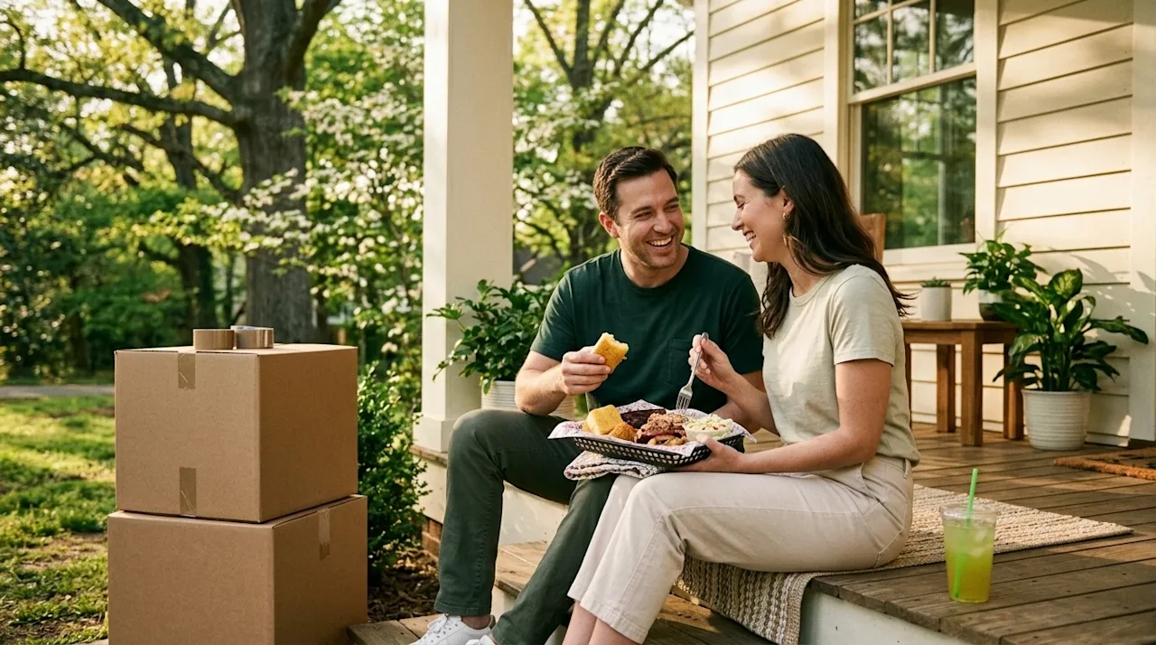 Professional marketing photography, a candid lifestyle shot of a happy couple taking a break from moving into their new home