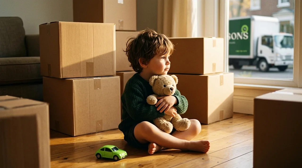 A candid, photorealistic lifestyle photograph of a young child sitting on a warm wooden floor in a partially packed living ro