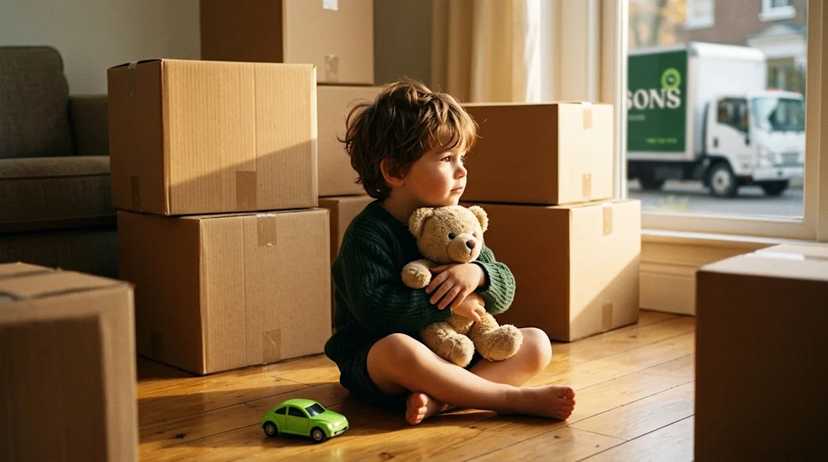 A candid, photorealistic lifestyle photograph of a young child sitting on a warm wooden floor in a partially packed living ro