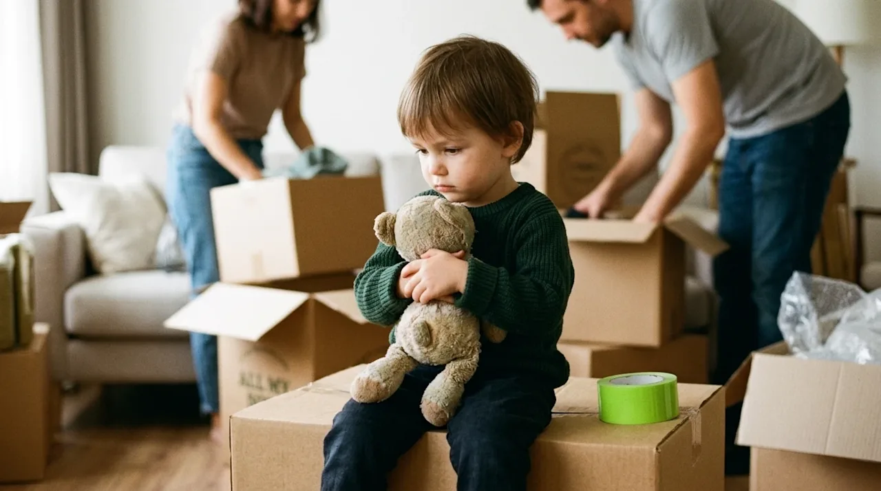 Candid film photography of a thoughtful young child sitting on a sturdy kraft brown moving box in the center of a partially p