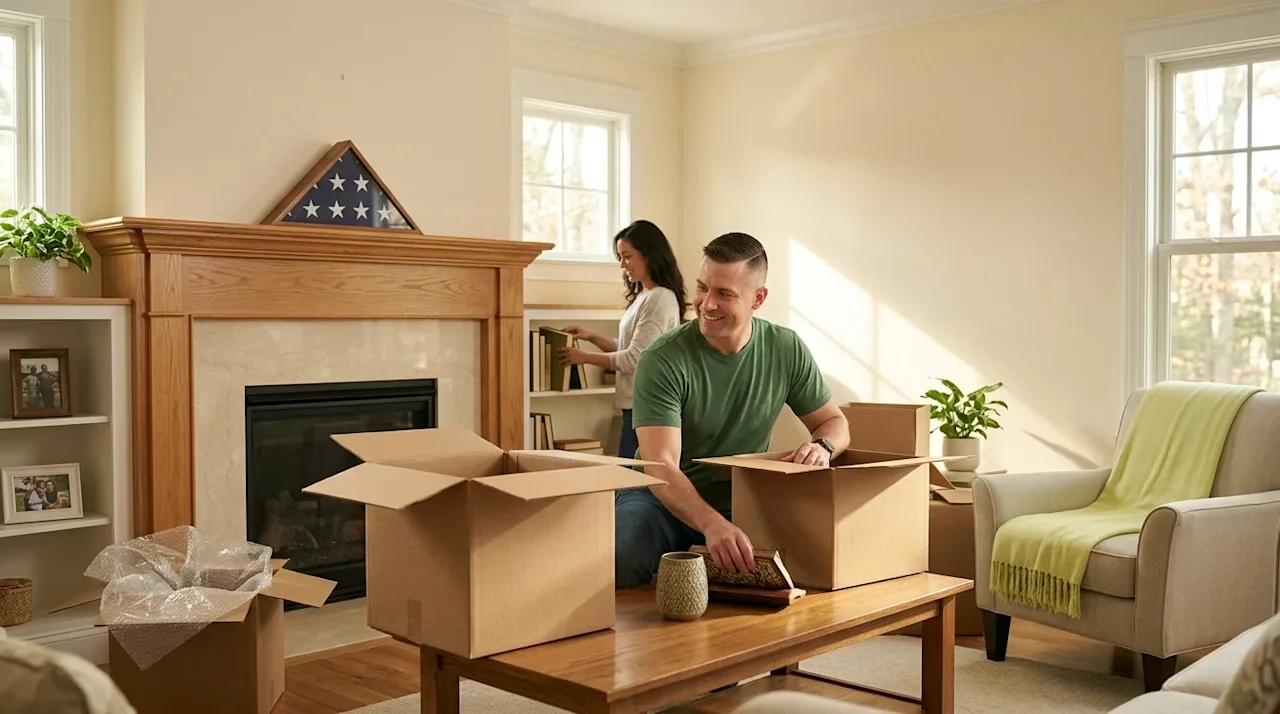 Clear, professional marketing photography of a proud military veteran and his spouse settling into their welcoming new home.