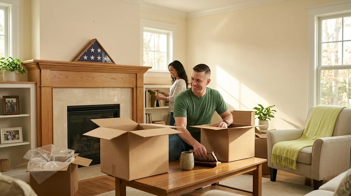 Clear, professional marketing photography of a proud military veteran and his spouse settling into their welcoming new home.