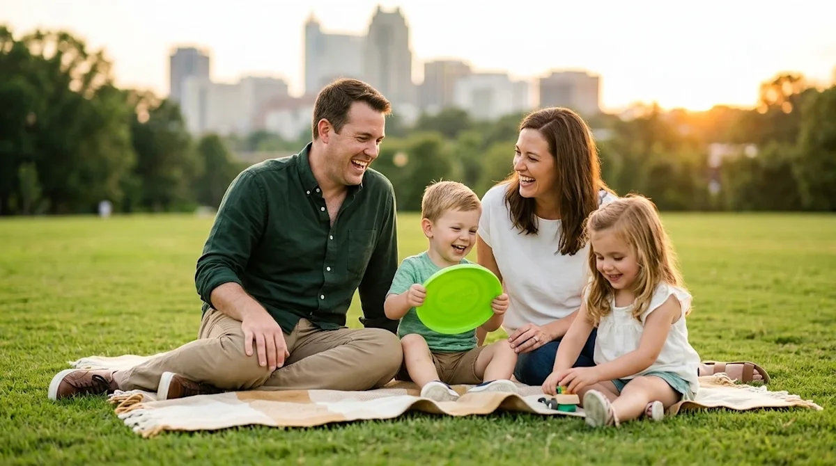 Professional marketing lifestyle photography of a happy, relaxed family playing and laughing together on a lush green lawn at